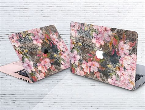 Pink Flowers Macbook Air Case Brown Wood Mac Case Etsy