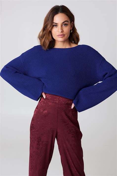 Cropped Long Sleeve Knitted Sweater Cobolt Na