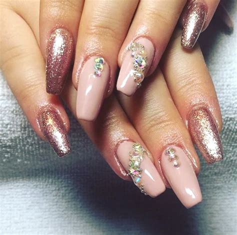 Rose Gold Glittery And Diamonds Nail Art Design Min Rose Gold Nails