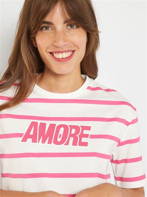 Camiseta A Rayas Con Cuello Redondo Rosa Kiabi