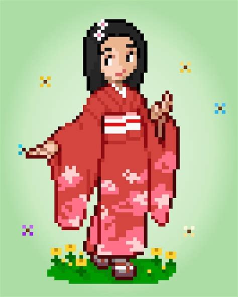 Premium Vector Bit Pixels Character Women Wear A Kimono Dress Adult