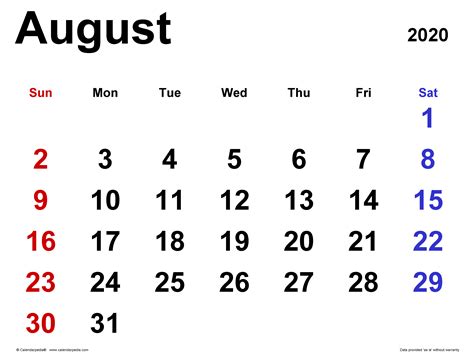 August 2020 Calendar | Templates for Word, Excel and PDF