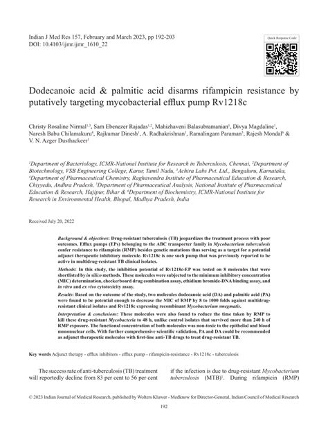 Pdf Dodecanoic Acid Palmitic Acid Disarms Rifampicin Resistance By