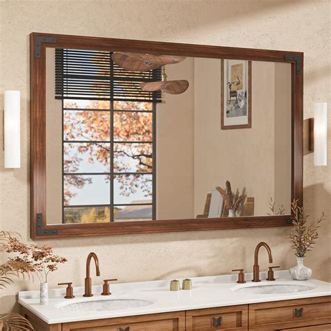 Tetote Dark Brown Wood Framed Wall Mirror For Bathroom 48 X 30 Inch Rustic Brown