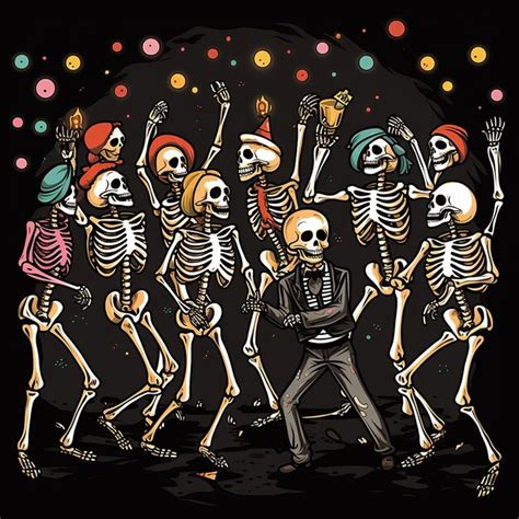 A Cartoon Drawing Of Skeletons Dancing In Front Of A Black Background