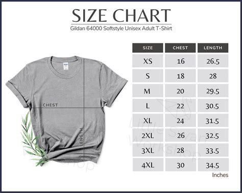 Gildan 64000 Size Chart Gildan Mockup Size Chart Gildan Etsy Images