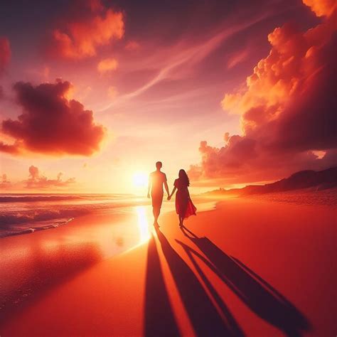 Um casal andando de mãos dadas ao longo de uma praia ao pôr do sol