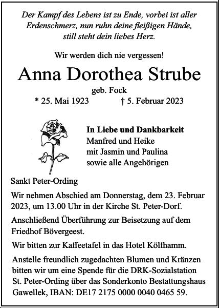 Anna Dorothea Strube Traueranzeige Husumer Nachrichten