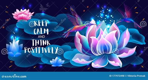 Lotus Flower And Hummingbirds Think Positively Stock Vector