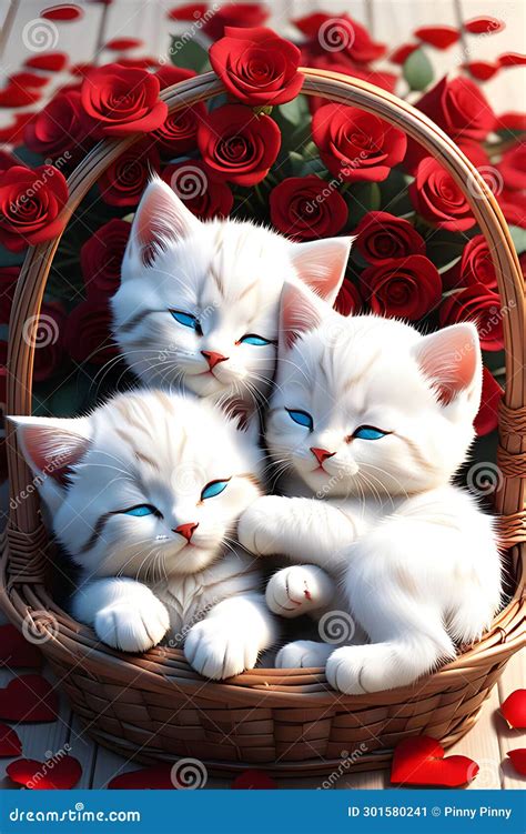 The Adorable Kittens In A Basket With Red Rose Flower Rose Petals