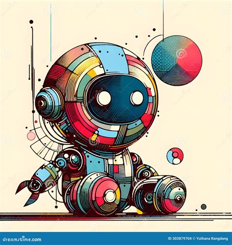 Minimalist Painting Of Sci Fi Cute Robot Pen And Ink Sketch Stock