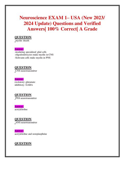 Neuroscience Exam 1 Usa New 2023 2024 Update Questions And Verified Answers 100 Correct A