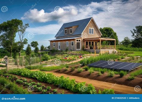 Modern Farmhouse With Solar Panels Wind Turbines And Vegetable Garden