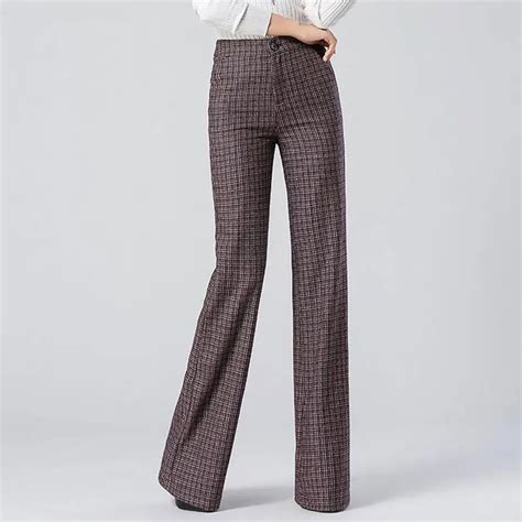 Fashion Autumn Winter Wool Plaid Pants Womens Casual Soft Woolen Flare