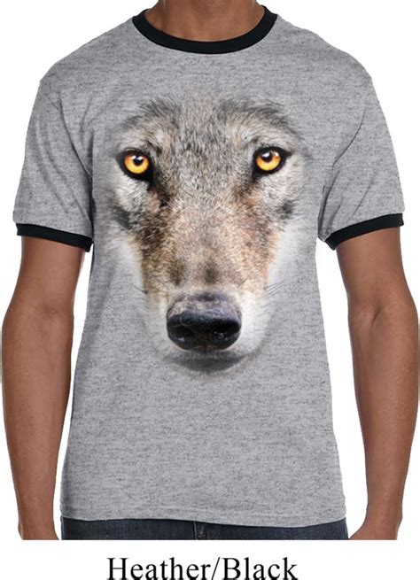 Mens Funny Shirt Big Wolf Face Ringer Tee T Shirt