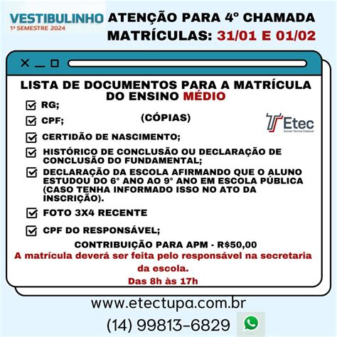 CONVOCAÇÃO 4º CHAMADA VESTIBULINHO 1º 2024 ENSINO MÉDIO ETEC Tupã