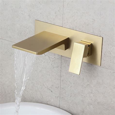 Sleek Brushed Gold Wall Mounted Single Lever Handle Waterfall Bathroom Basin Tap Bathroom