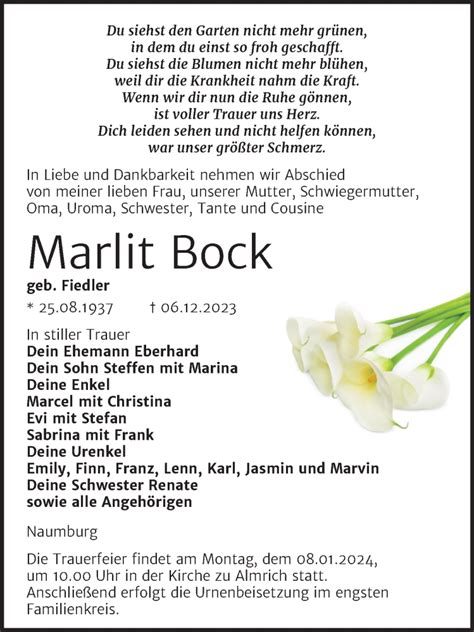 Traueranzeigen Von Marlit Bock Abschied Nehmen De