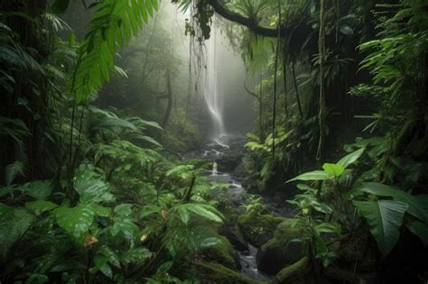 Premium Ai Image Lush Jungle With Waterfall Surrounded By Mist