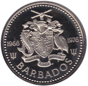 Moneda 2 Dollars 10th Anniversary Of Independence Barbados 1976