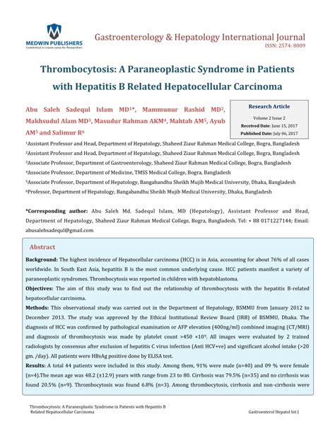 PDF Thrombocytosis A Paraneoplastic Syndrome In Patients With