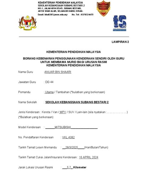 Borang Kebenaran Penggunaan Kenderaan Sendiri Pdf