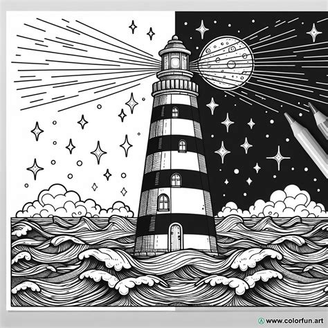 Coloriage du phare dans la nuit à Télécharger ou à Imprimer gratuitement