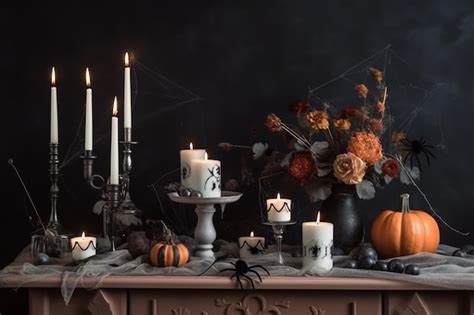 Premium Ai Image Halloween Creepy Pumpkins And Candles Decoration