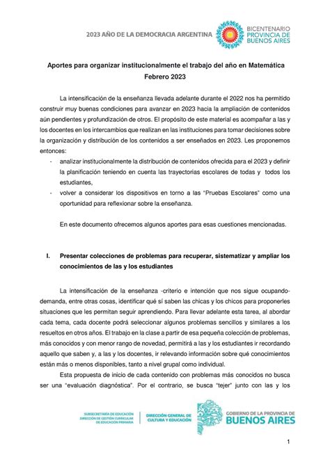 Matem Tica Documento Para Las Jornadas Institucionales Aportes Para