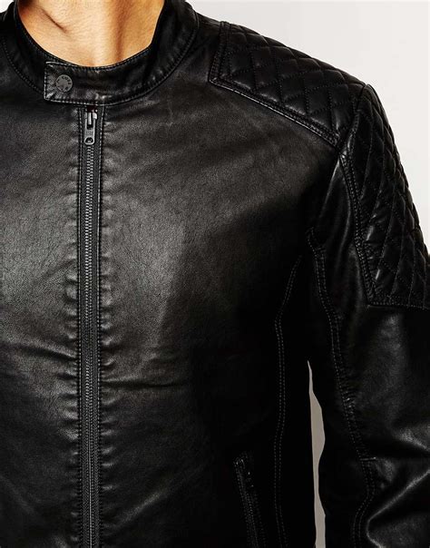 Jack And Jones Faux Leather Biker Jacket With Quilted Sleeves In Black For Men Lyst