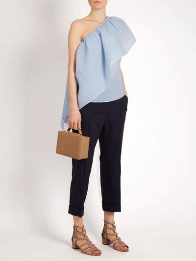 Rosie Assoulin Wedge One Shoulder Ruffled Seersucker Top In Blue Modesens