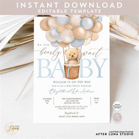 Editable Teddy Bear Hot Air Balloon Bear Theme Baby Shower Etsy Baby Shower Invitation