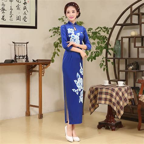 New Long Sleeve Flower Cheongsam Plus Size Chinses Traditional Dress