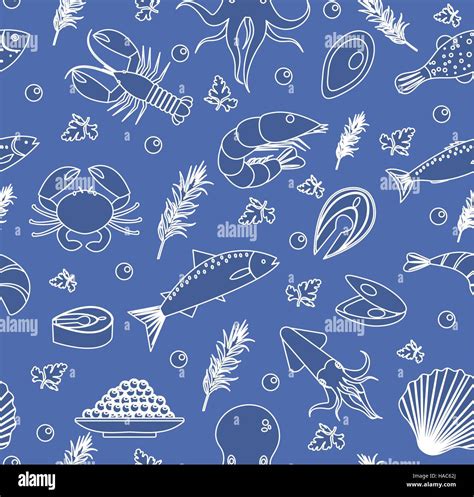 Seafood Seamless Pattern Fish Food Endless Background Texture Hand