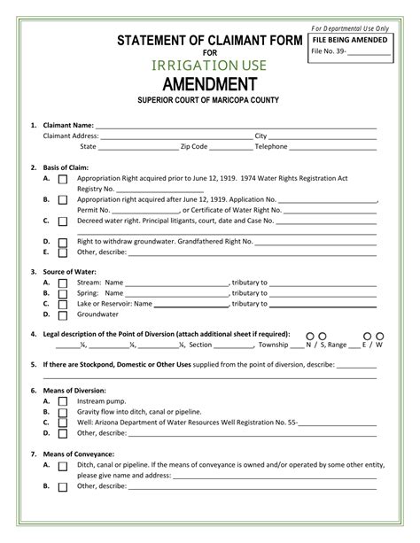 Arizona Statement Of Claimant Form For Irrigation Use Amendment Gila