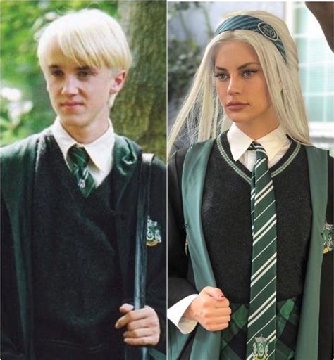 Two Pictures Of The Same Person In Harry Potter Outfits One With Blonde Hair And Wearing A