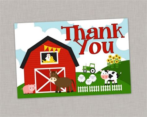 Farm Thank You Card Barnyard Thank You Card Farm Birthday Farm Party