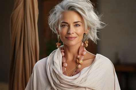 Premium Ai Image Smiling Mature Woman Portrait Aged Female Model