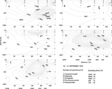 Isopleth diagram for copepod population abundance along the S-100A ...