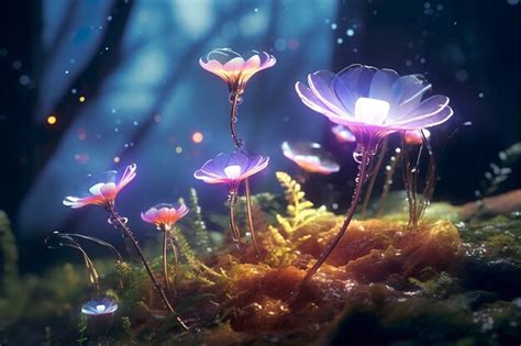 Un Bosque De Cristal Alien Gena Bioluminiscente Con Flores Plantas