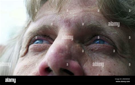 Contemplative Senior Man Close Up Eyes Staring At Sky Upwards Older