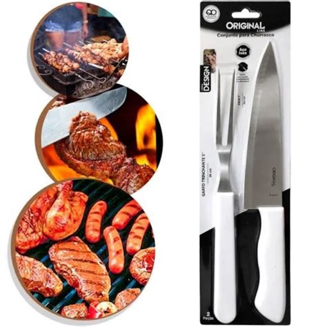 Kit Faca de Corte Afiada e Garfo Trinchante Para Churrasco em Aço Inox