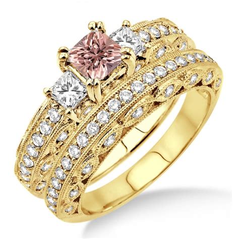 2 Carat Morganite And Diamond Antique Three Stone Bridal Set On 10k Yellow Gold Jeenjewels