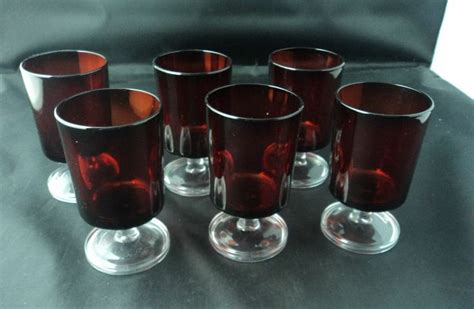 6 Red Ruby Port Wine Goblets Glasses Marked France