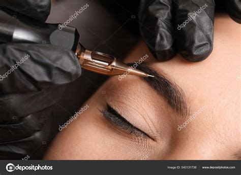 Young Woman Undergoing Procedure Permanent Eyebrow Makeup Tattoo Salon