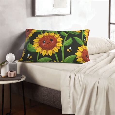 Lnwh Rectangle Pillow Cover Cute Sunflowers Floral Bee Cushion Covers