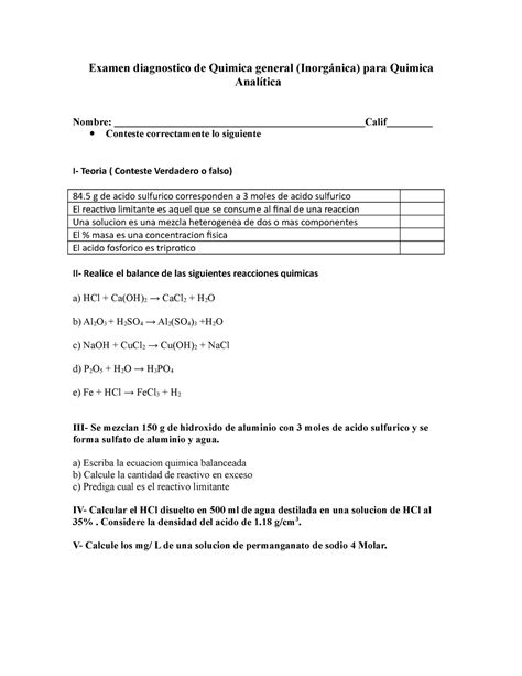 Examen Quimica Analitica Examen Diagnostico De Quimica General