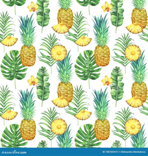 Seamless Watercolor Pattern With Pineapples Tropical Leaves And