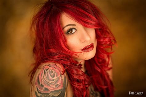 Face Women Model Portrait Dyed Hair Long Hair Red Tattoo Hair