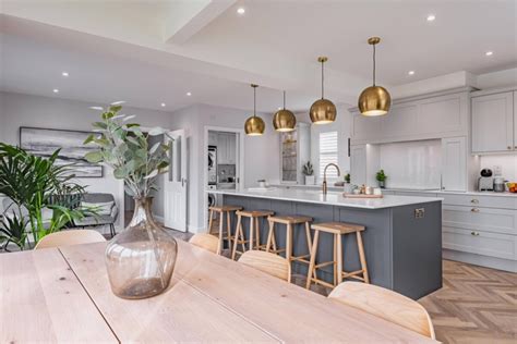 Light Grey Shaker Style Kitchen With Slate Blue Kitchen Island